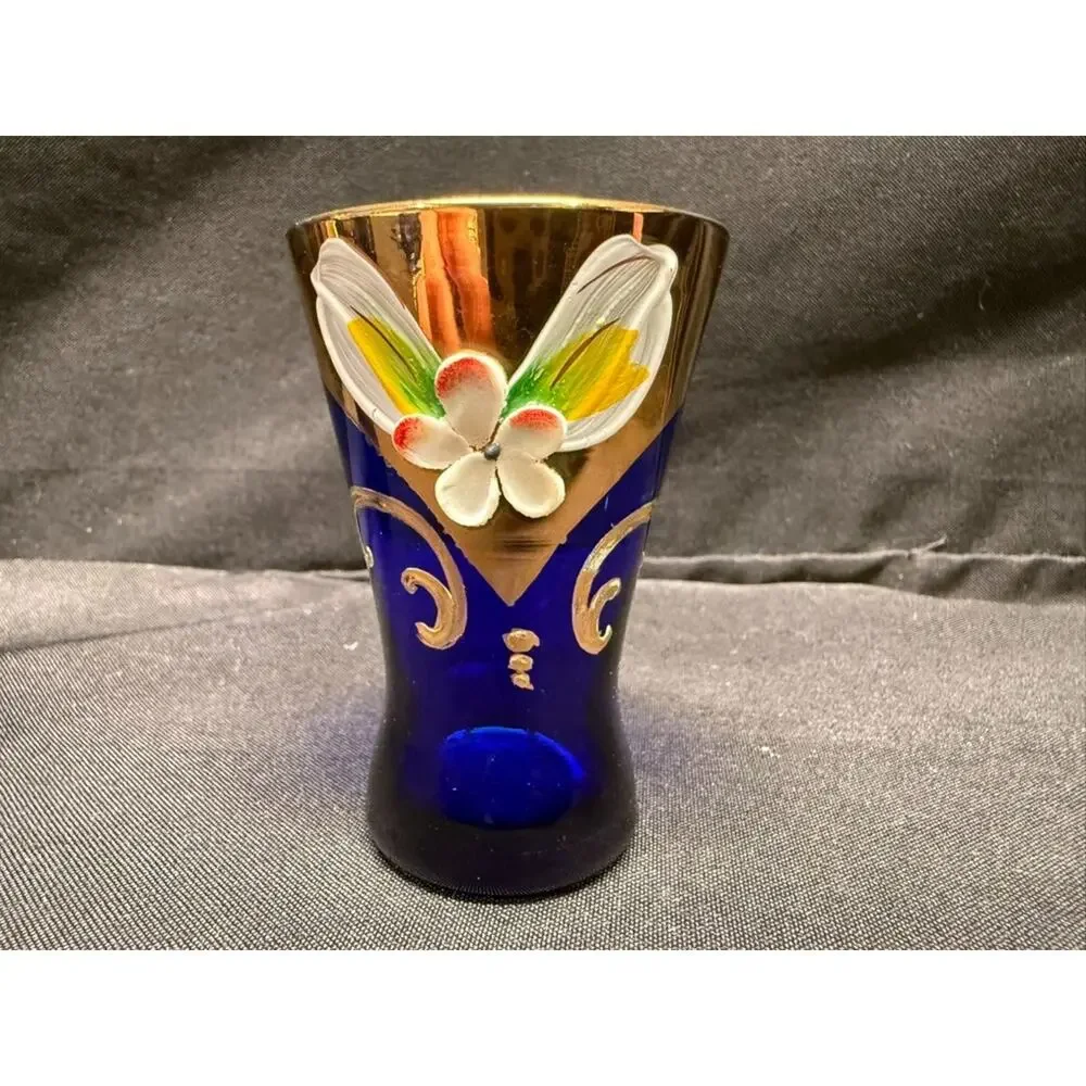 Cobalt Blue & Gold Bohemian Style Decanter (5) Shot Glasses Hand Painted Flowers